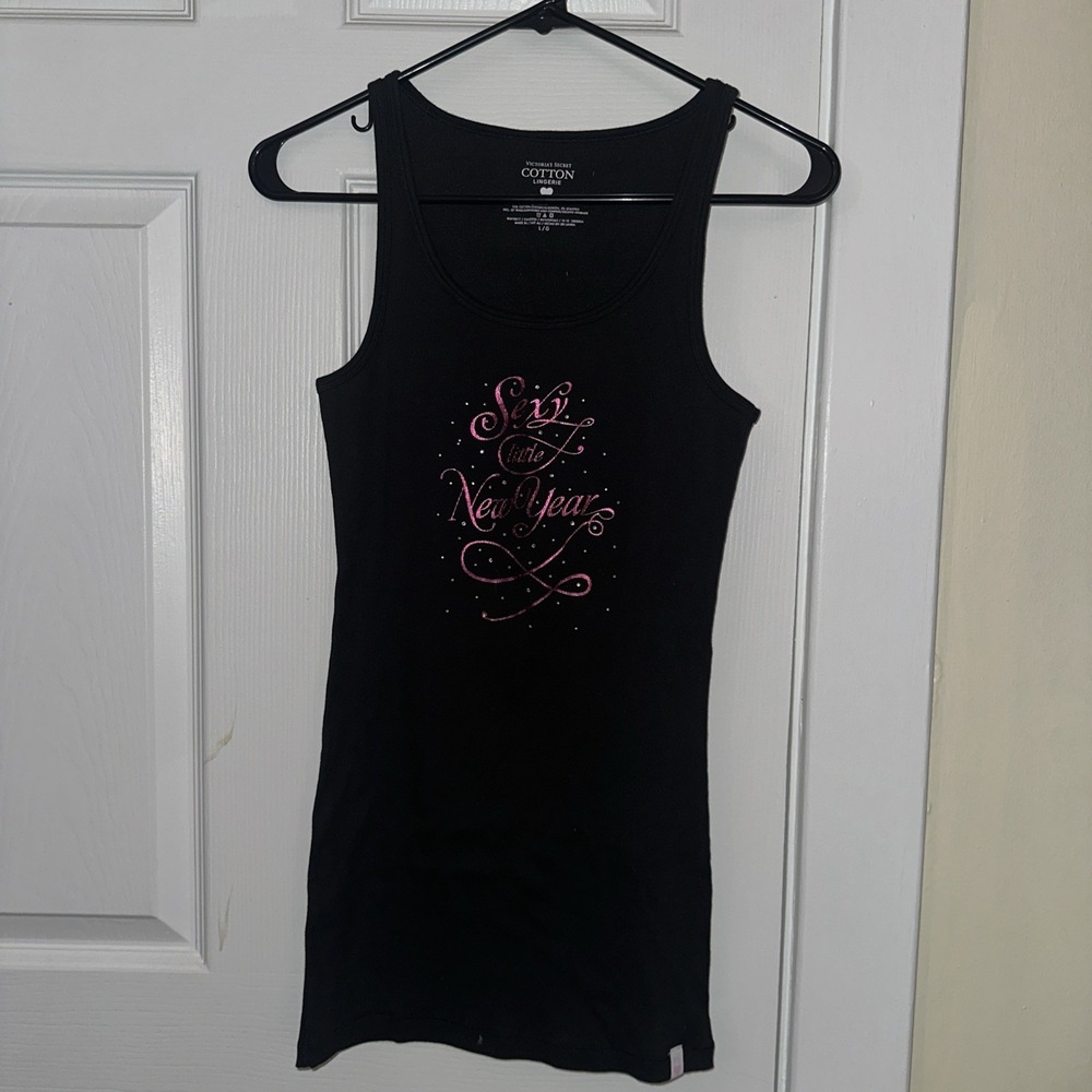 Victoria Secret Y2K sexy little new year graphic ribbed black tank top Rhineston